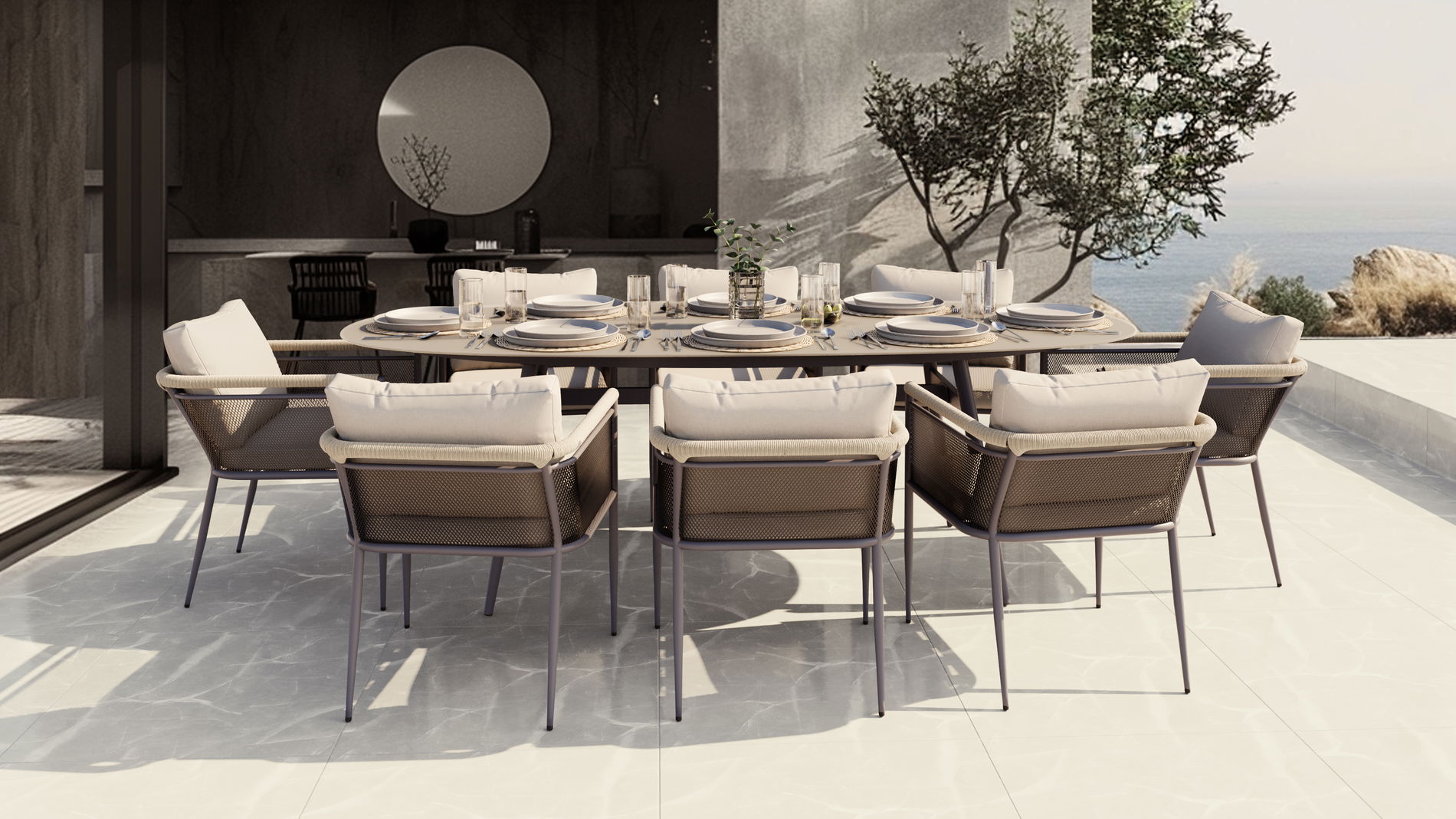 Moderne Essgruppe für Garten und Terrasse